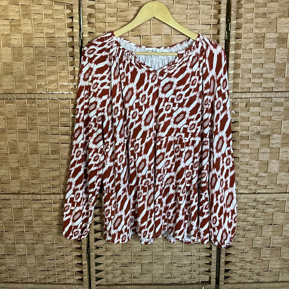 Wonderly Women's Tiered‎ Boho Print Long Sleeve Blouse Top XL